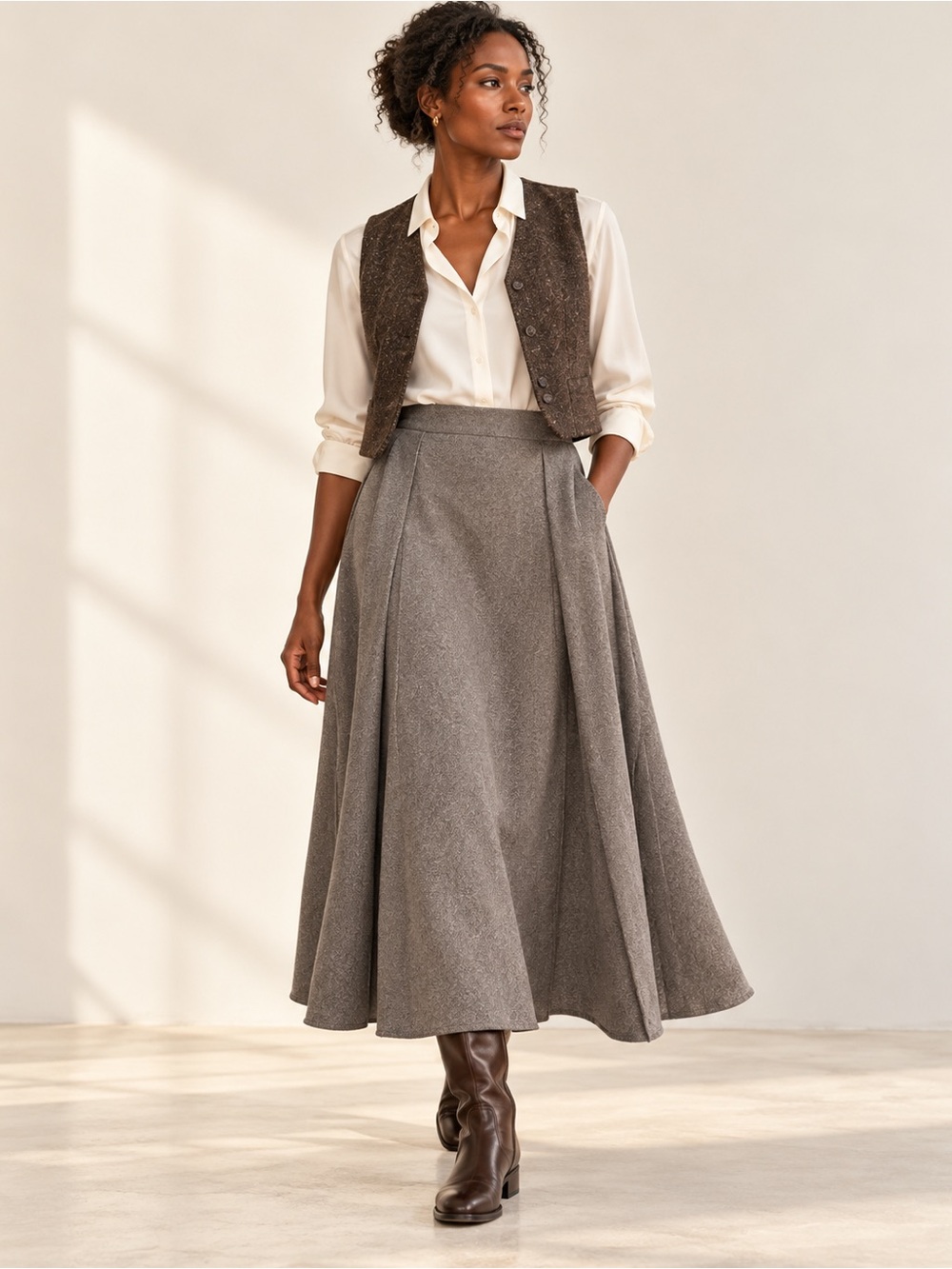 Massimo Dutti Paneled Wool Blend Maxi Skirt Taupe Grey Sz 6